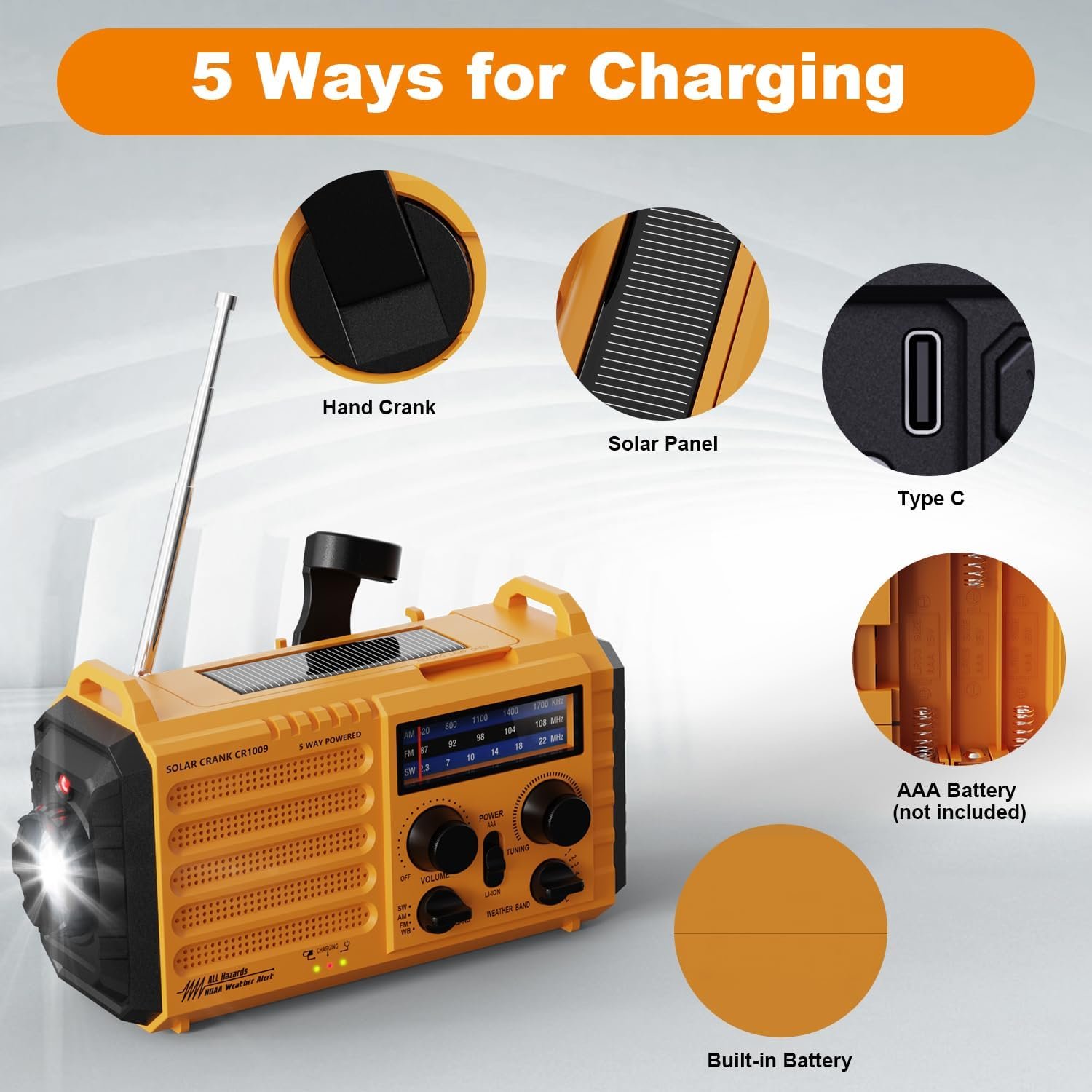 Radio de emergencia 5000mAh con manivela y linterna