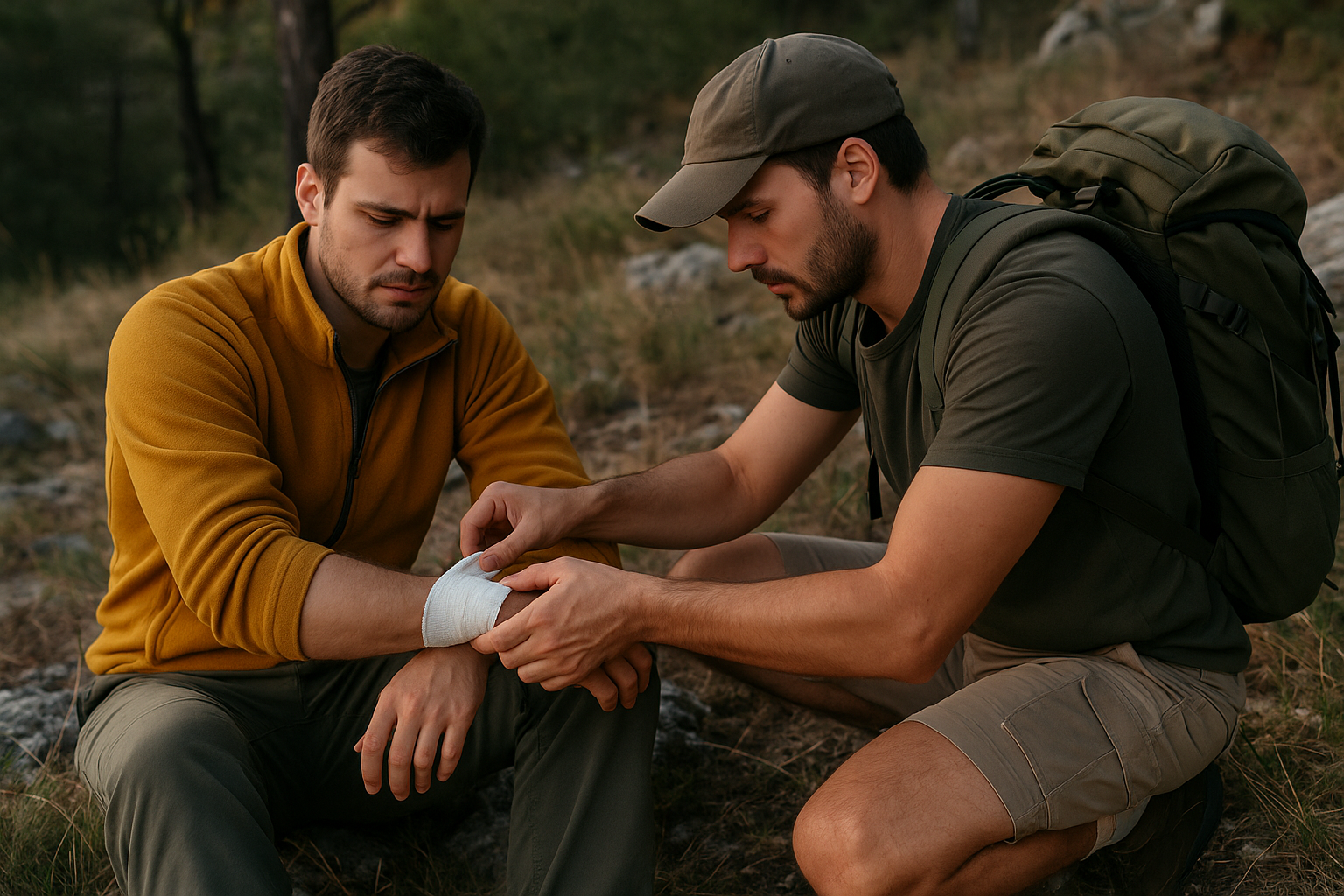 Persona realizando una cura de primeros auxilios en el monte
