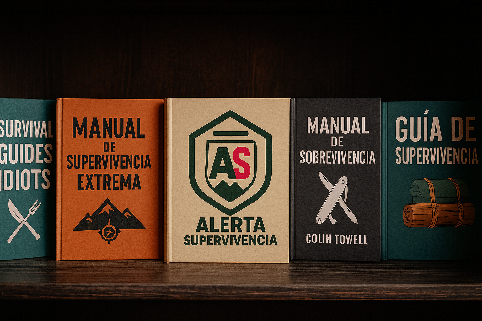 Libros y guías de supervivencia apilados sobre una mesa